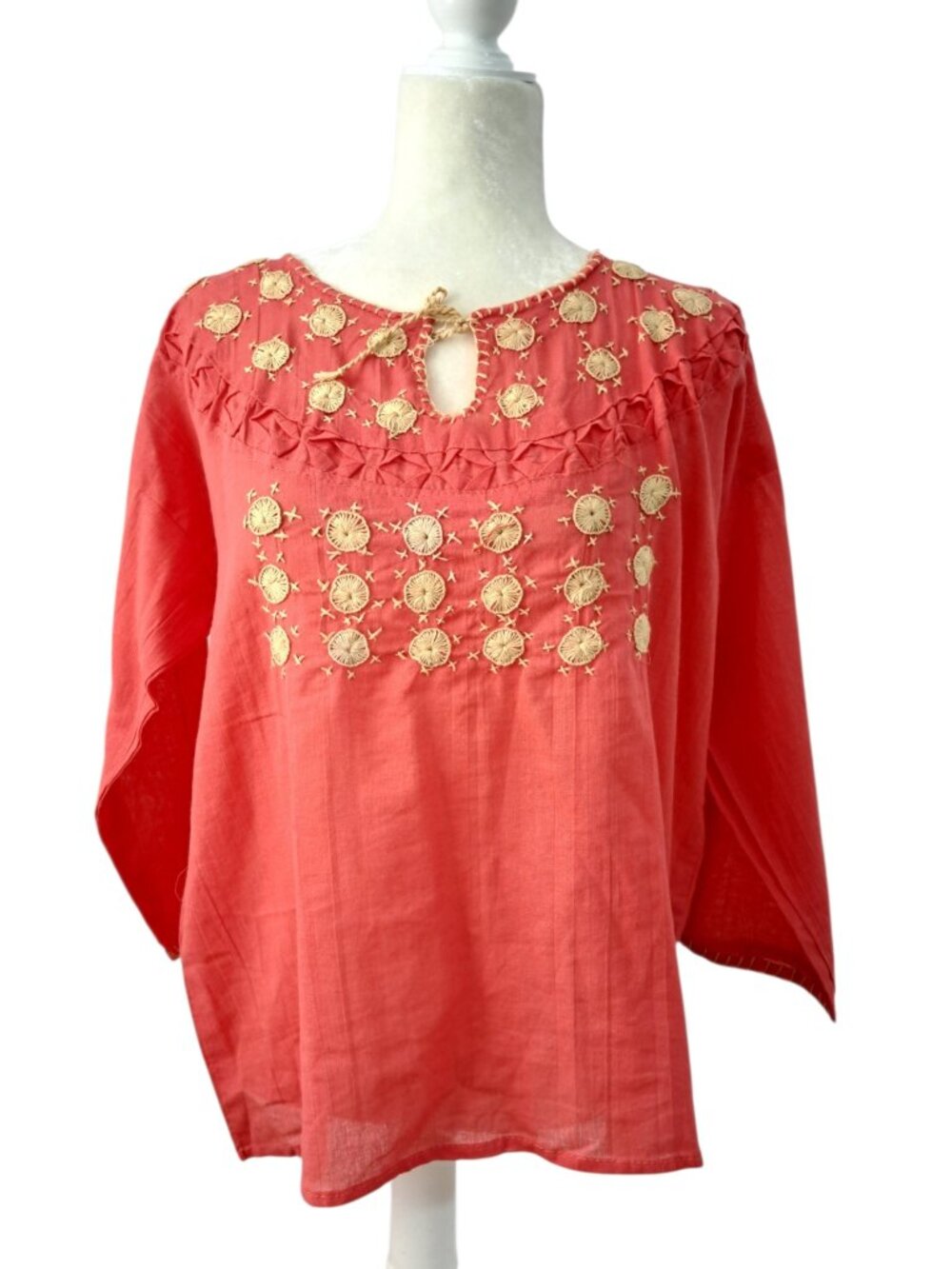 Mexican Hand Embroidered Women's Blouse Peasant Top Pink Ethnic 3/4 Sleeves M/L